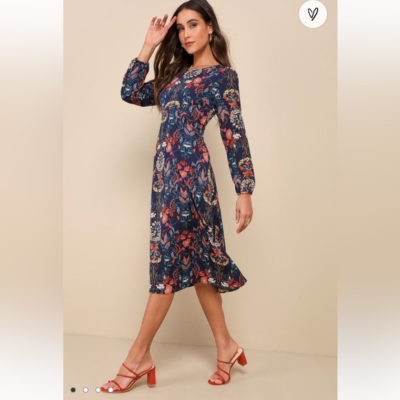 Lulus Dresses & Skirts - Garden Splendor Navy Blue Floral Print Long Sleeve Midi Dress